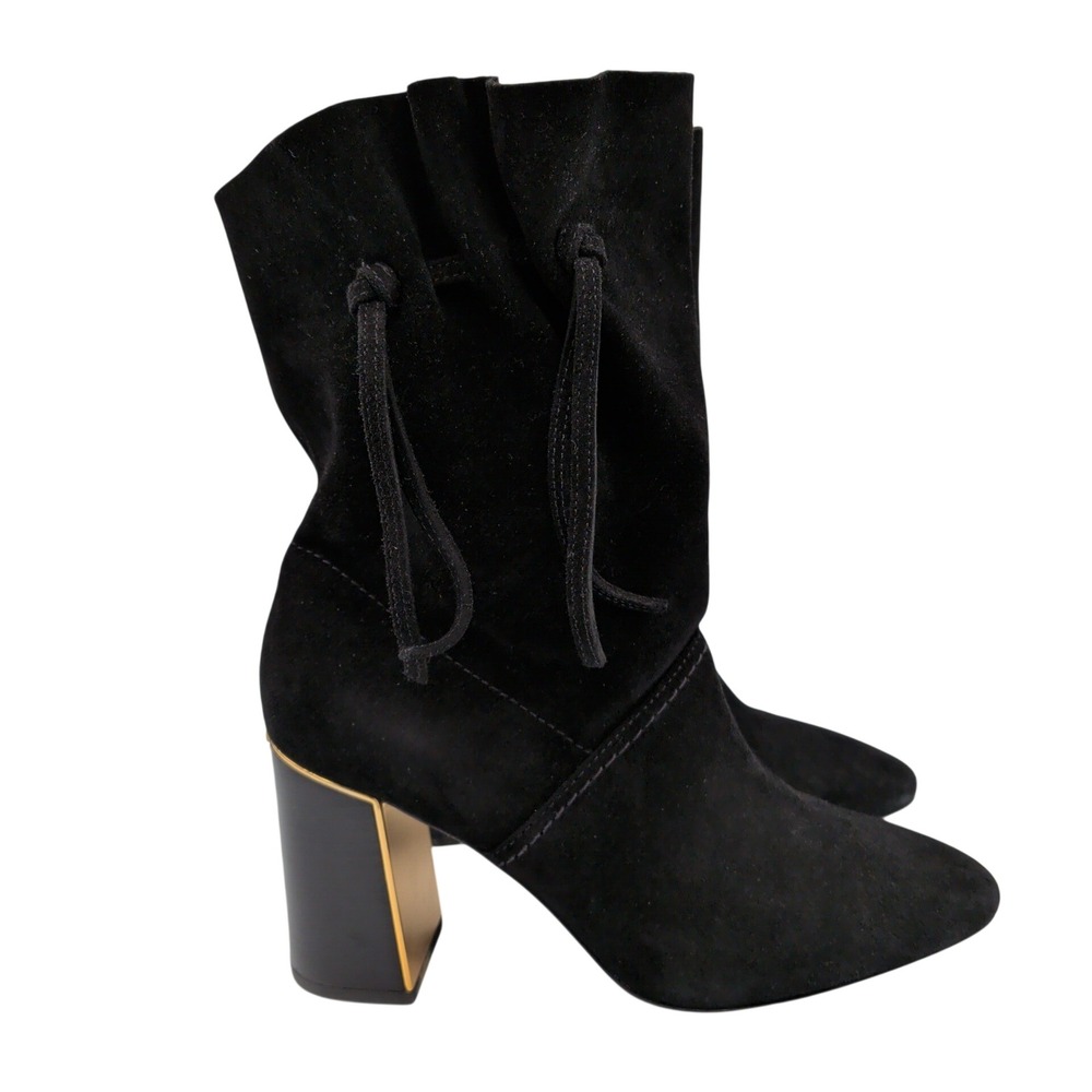 Tory Burch Gigi Black Suede Mid Calf Block Heel Boots Gold Logo‎ Size 8M